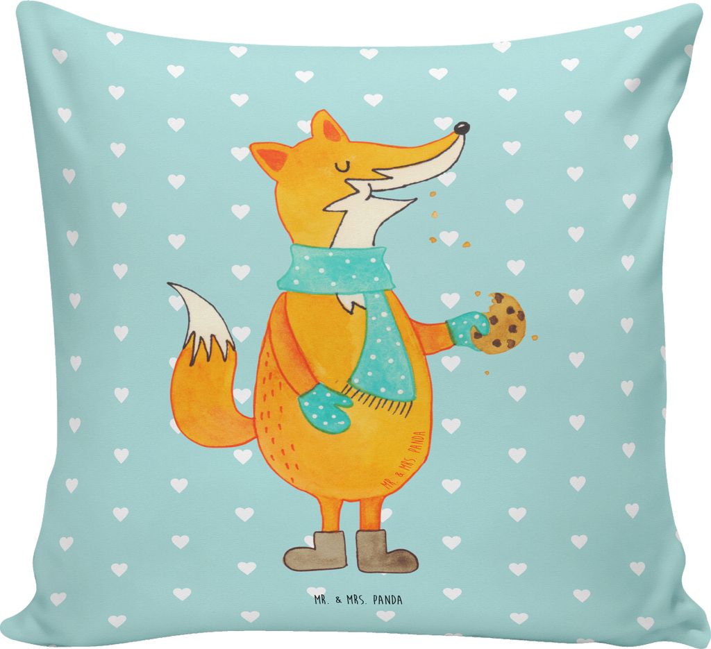 Mr. & Mrs. Panda Deko Kissen Fuchs Keks - Türkis Pastell - Geschenk, Weihnachtlich, zier, Plätzchen, Winter, Frieren, Kopfkissen 40x40, Sofakisse...