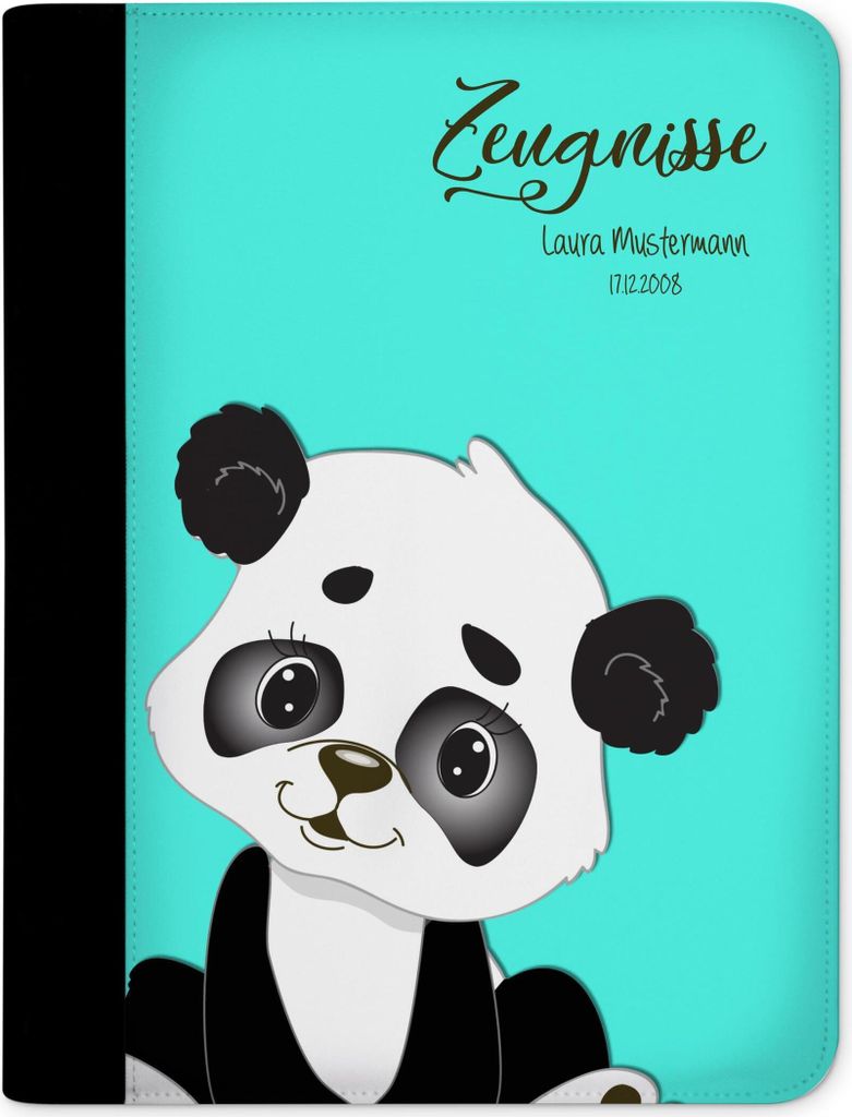 Zeugnismappe, Dokumentenmappe, Ordner A4, Panda Bär Türkis mit Klarsichthüllen