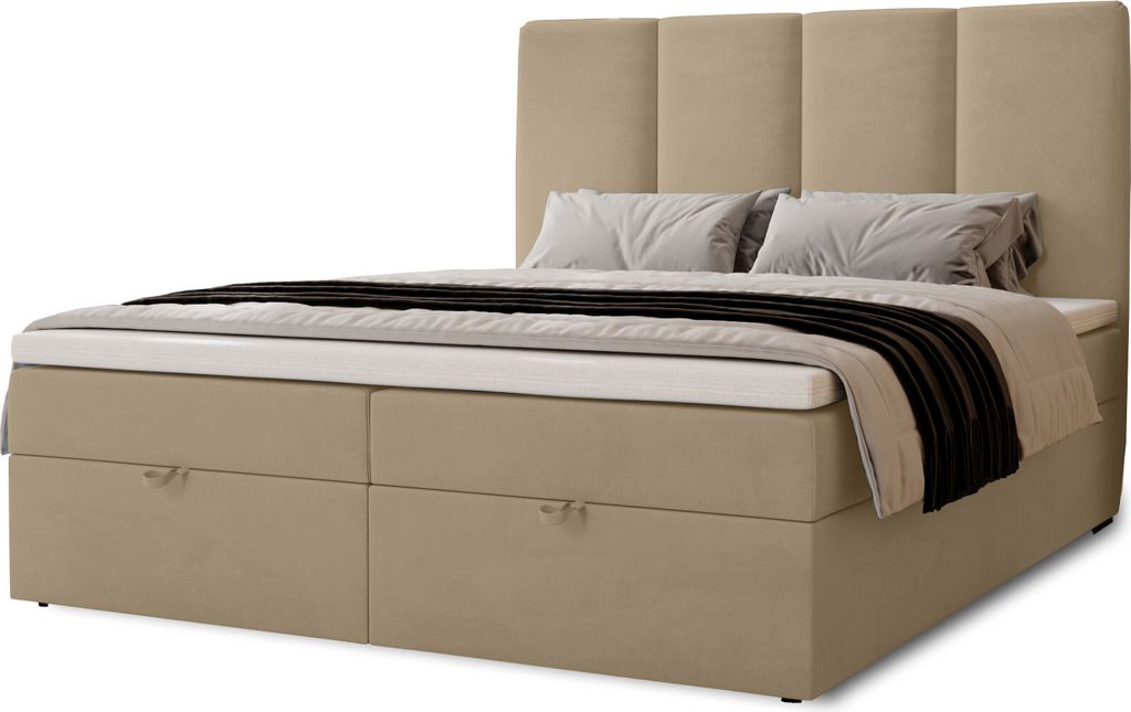 Boxspringbett Malmo mit 2 Bettkästen, 120x200, Farbe: Creme, Velourstoff, Doppelbett mit Bonell-Matratze