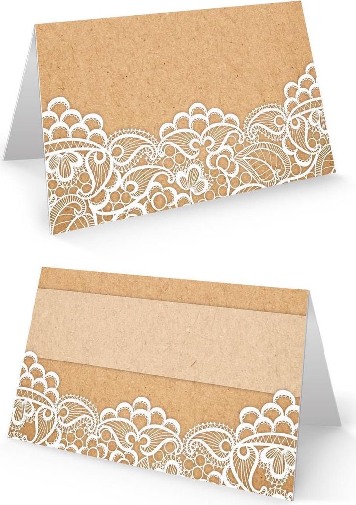 100 Stück kleine weiß beige creme natur vintage Tischkarten SPITZE Kraftpapier Optik - Namensschilder Namenkärtchen Tischdeko Hochzeit Taufe Kom...