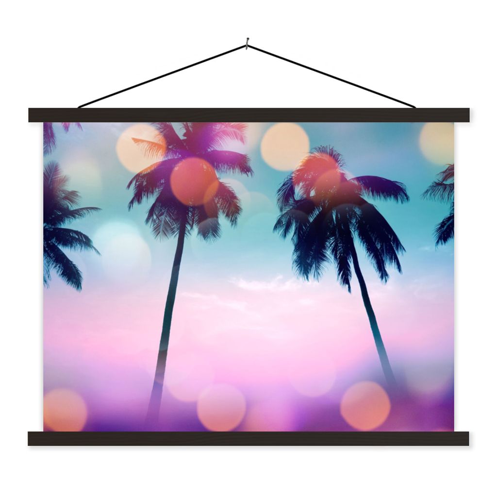 MuchoWow Textilposter Sommer - Palmen - Himmel - Rosa 150x113 cm mit holzfarbenen Rahmen - Poster