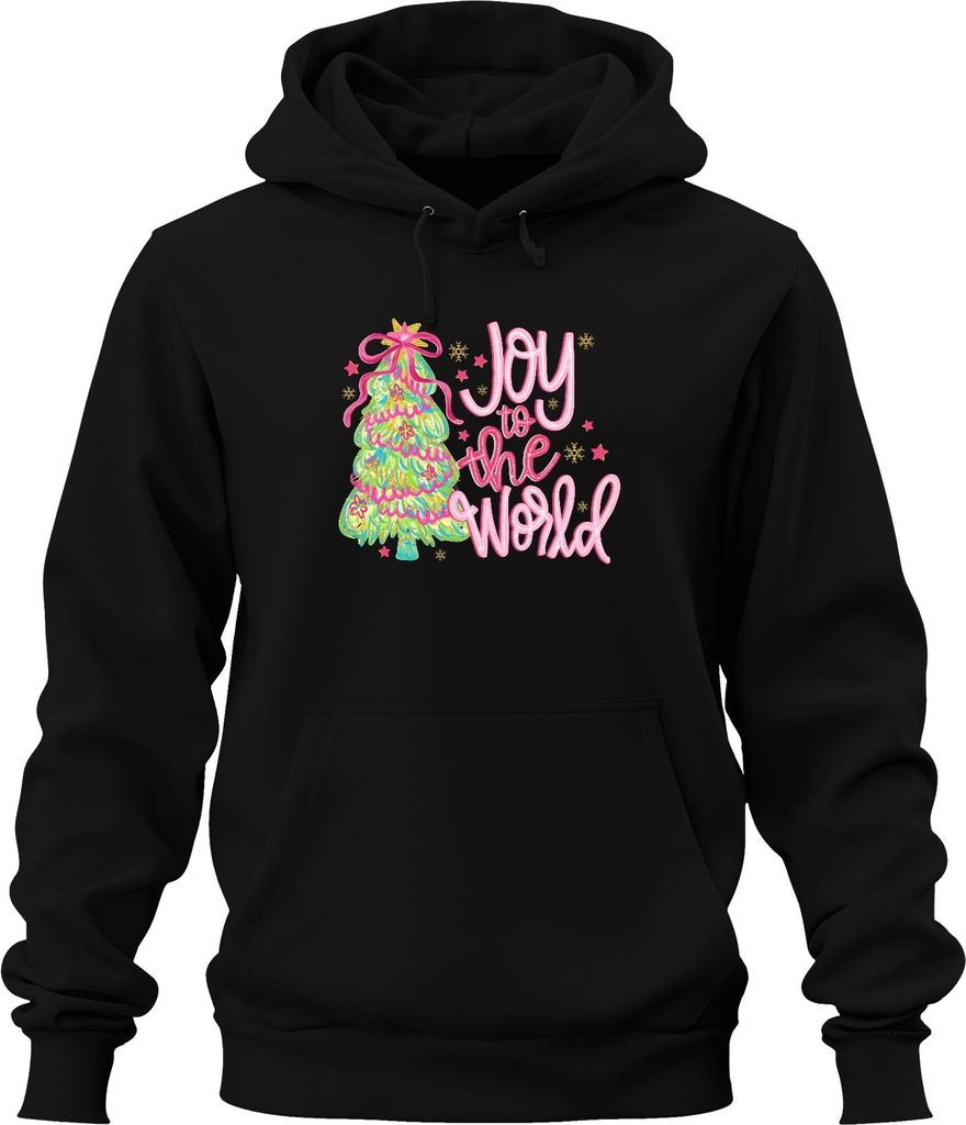 Joy to the World Weihnachtsbaum Weihnachten Geschenk Pink Glitzer Uni Hoodie Kapuzenpullover, Schwarz, 3XL
