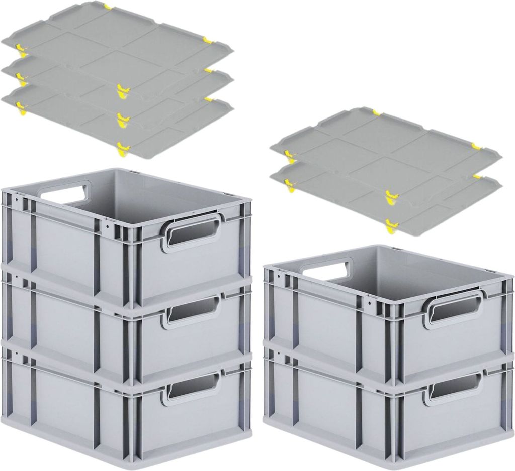 SparSet 5x Eurobox NextGen Economy mit Auflagedeckel und 4x Schiebeschnappverschlüsse Gelb | Griffe offen | HxBxT 17x30x40cm | 16 Liter | Eurobeh...