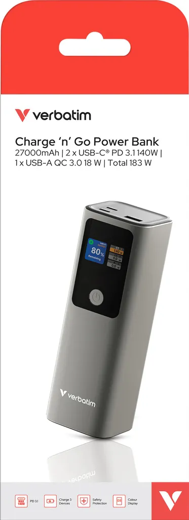 Verbatim Power Bank 27000 mAh : Batterie de Voyage pour Laptop et Mobile