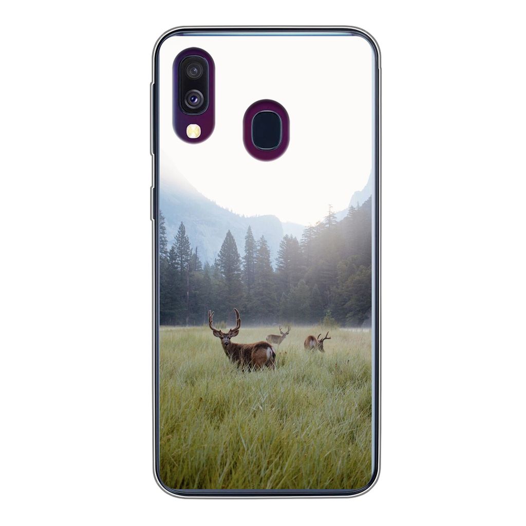 MuchoWow Handyhülle Schutzhülle Hülle für Samsung Galaxy A40 Wald - Hirsche - Nebel Silikon Softcase Handy Hülle - Handy-Tasche