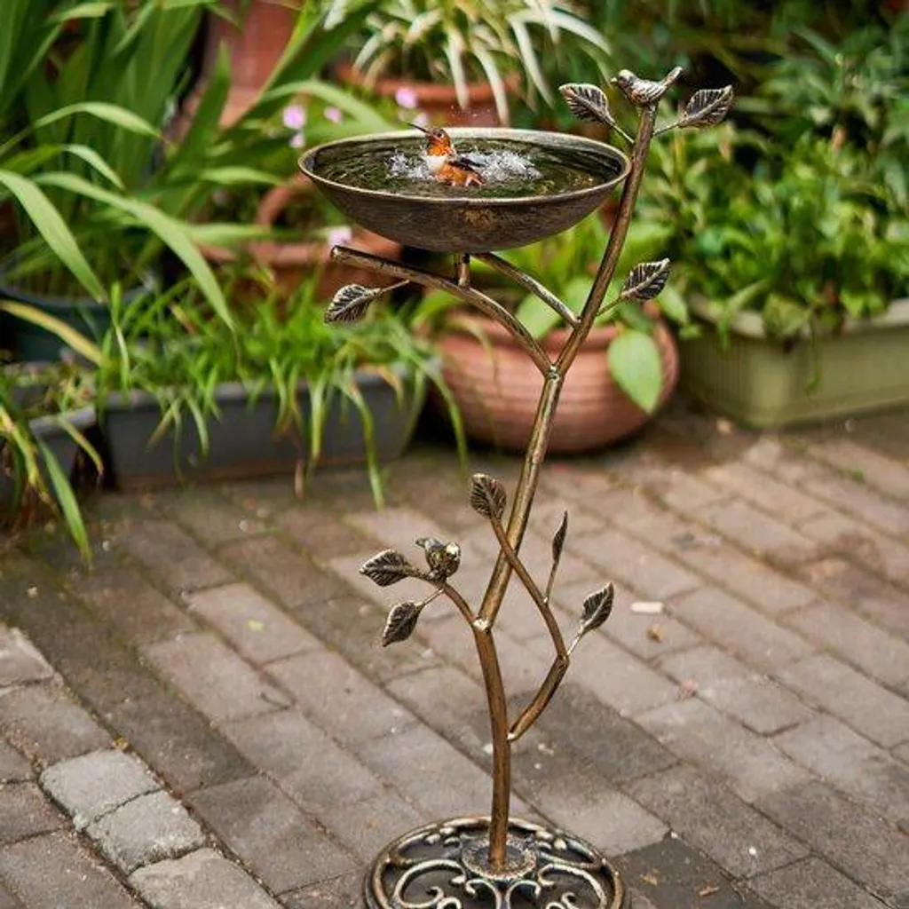 Bain d'oiseaux en fonte de jardin sur pied haut de 78cm, fonte brune