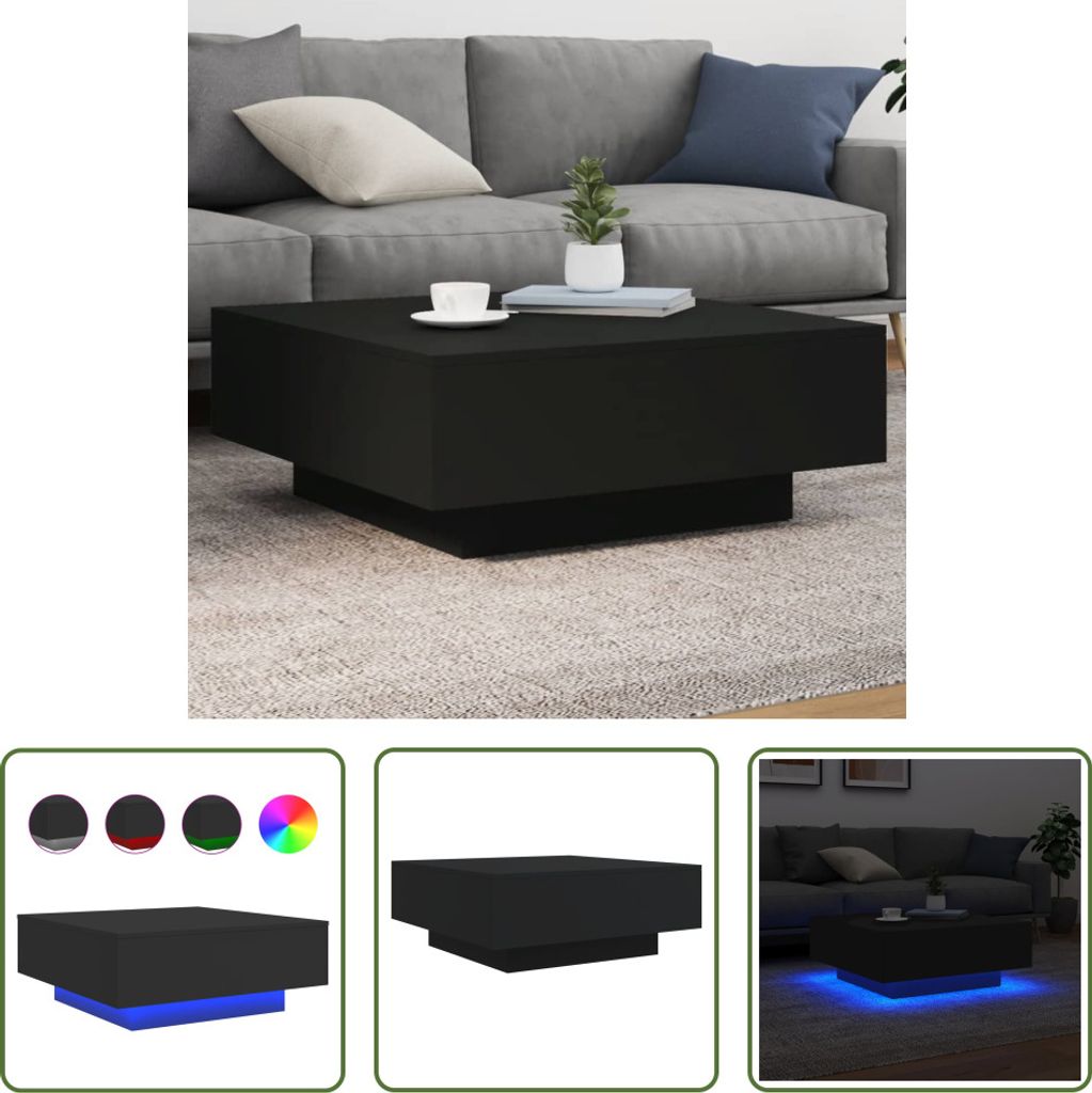 The Living Store Couchtisch mit LED-Leuchten Schwarz 80x80x31 cm