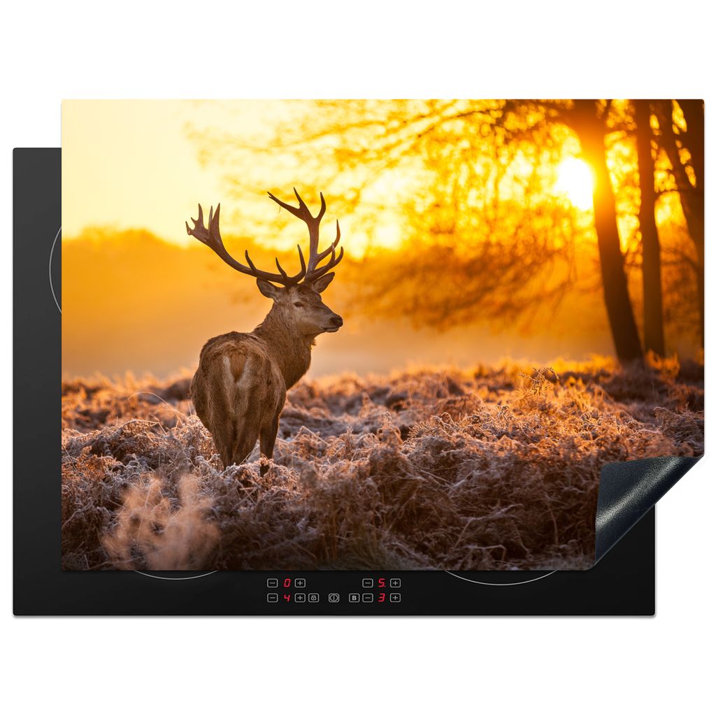 KitchenYeah Herdabdeckplatte Hirsche - Tiere - Sonnenuntergang - Winter - Heidekraut - Natur , 71x52cm, Küche Deko, Glaskeramikkochfeld Herdabde...