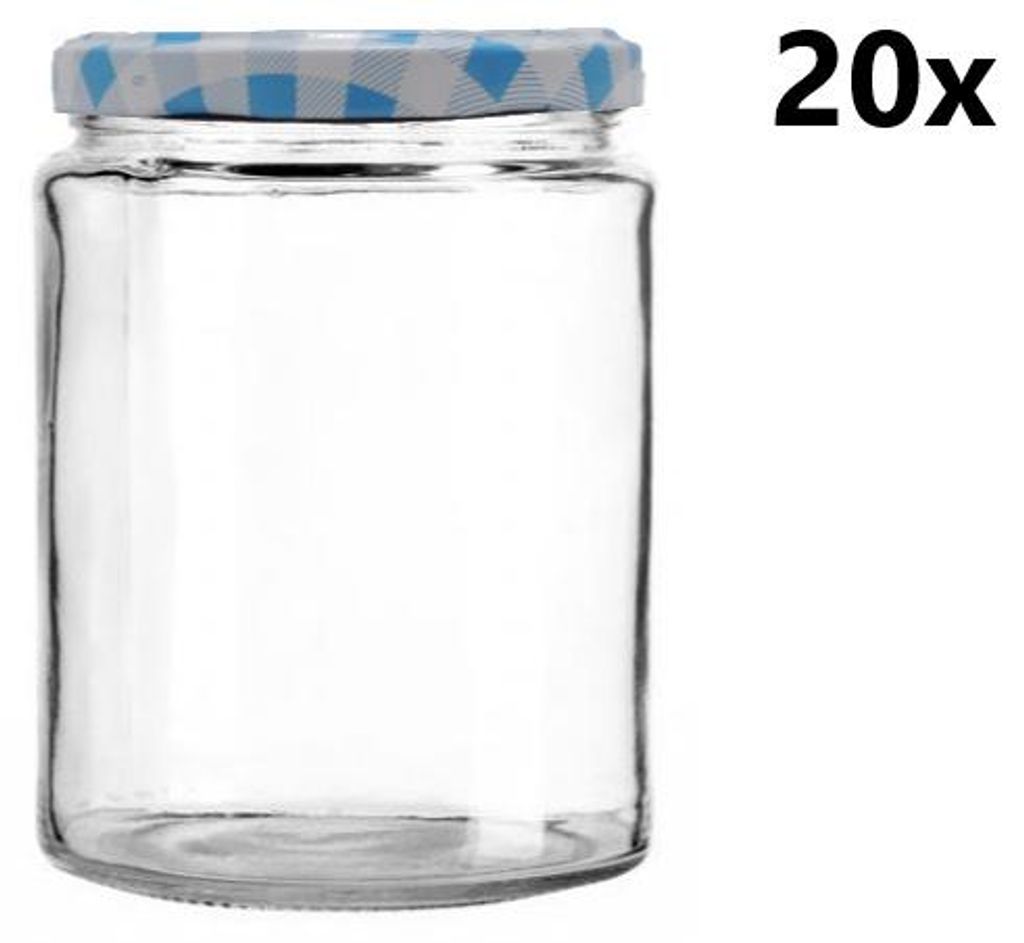 A clear glass jar with a blue and white checkered lid, shown against a white background.