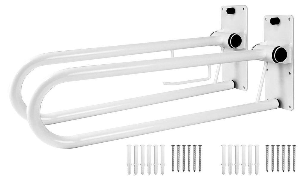 Klappbarer Wandstützgriff 75 cm (2 Stück) Weiß, WC Aufstehhilfe mit Papierhalter, Haltegriffe für Senioren aus Stahl, Stützklappgriff für die...