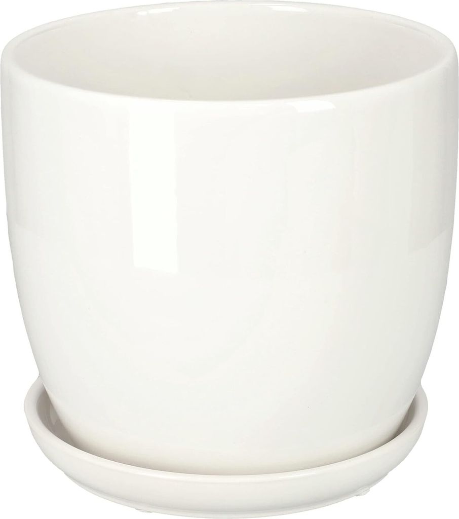 A white ceramic plant pot with a matching saucer, isolated on a white background.