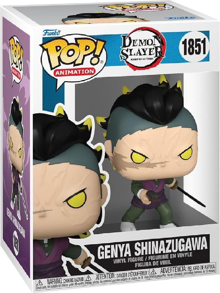 A Funko Pop! animation vinyl figure of Genya Shinazugawa from Demon Slayer, displayed in its original packaging.