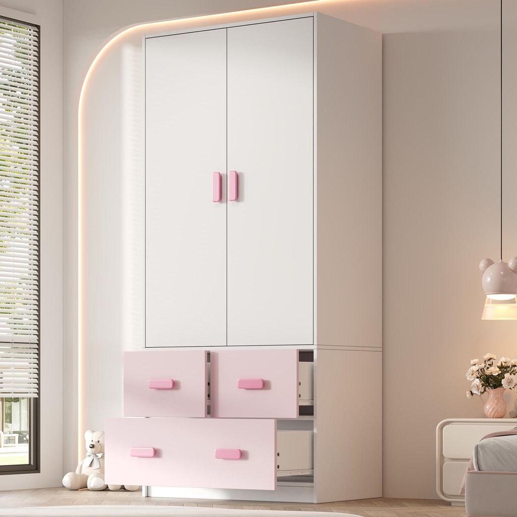 okwish Kinderkleiderschrank Aufbewahrungsschrank mit 3 Schubladen und Kleiderstange Doppeltür-Design Schlafzimmermöbel Viel Stauraum Weiß