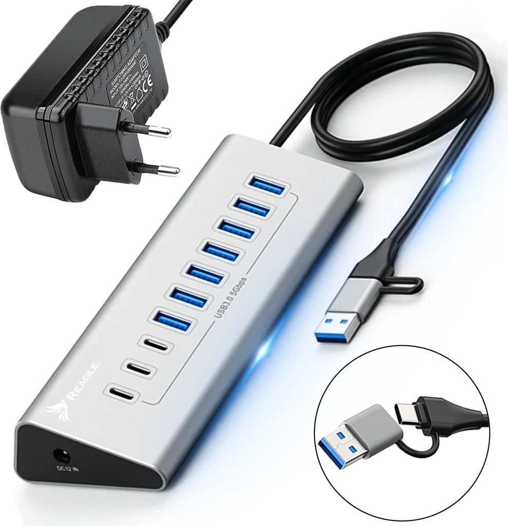 Usb Hub Aktiv Mit Netzteil 36W 10 Port Usb 3.2 Splitter Splitter Reagle