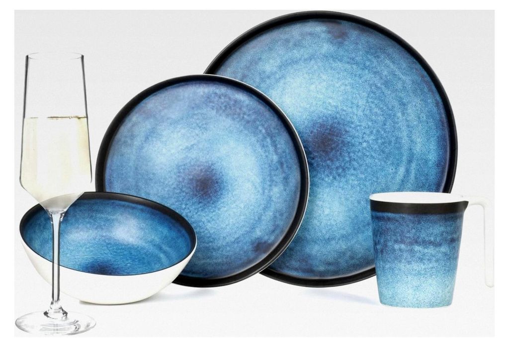 Melamin Campinggeschirr Set für 4 Personen Deep Ocean + 4 Champagnergläser Flûtes Tafelgeschirr Picknick BBQ Kochgeschirr