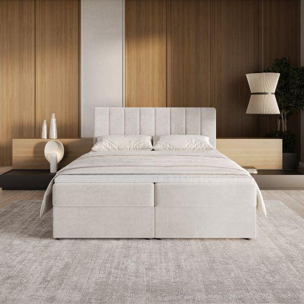BELLIS Boxspringbett 140x200 mit Bettwäschebehältern, Matratze, Topper, ein komplettes Set für Ihr Schlafzimmer - RIVIERA 02