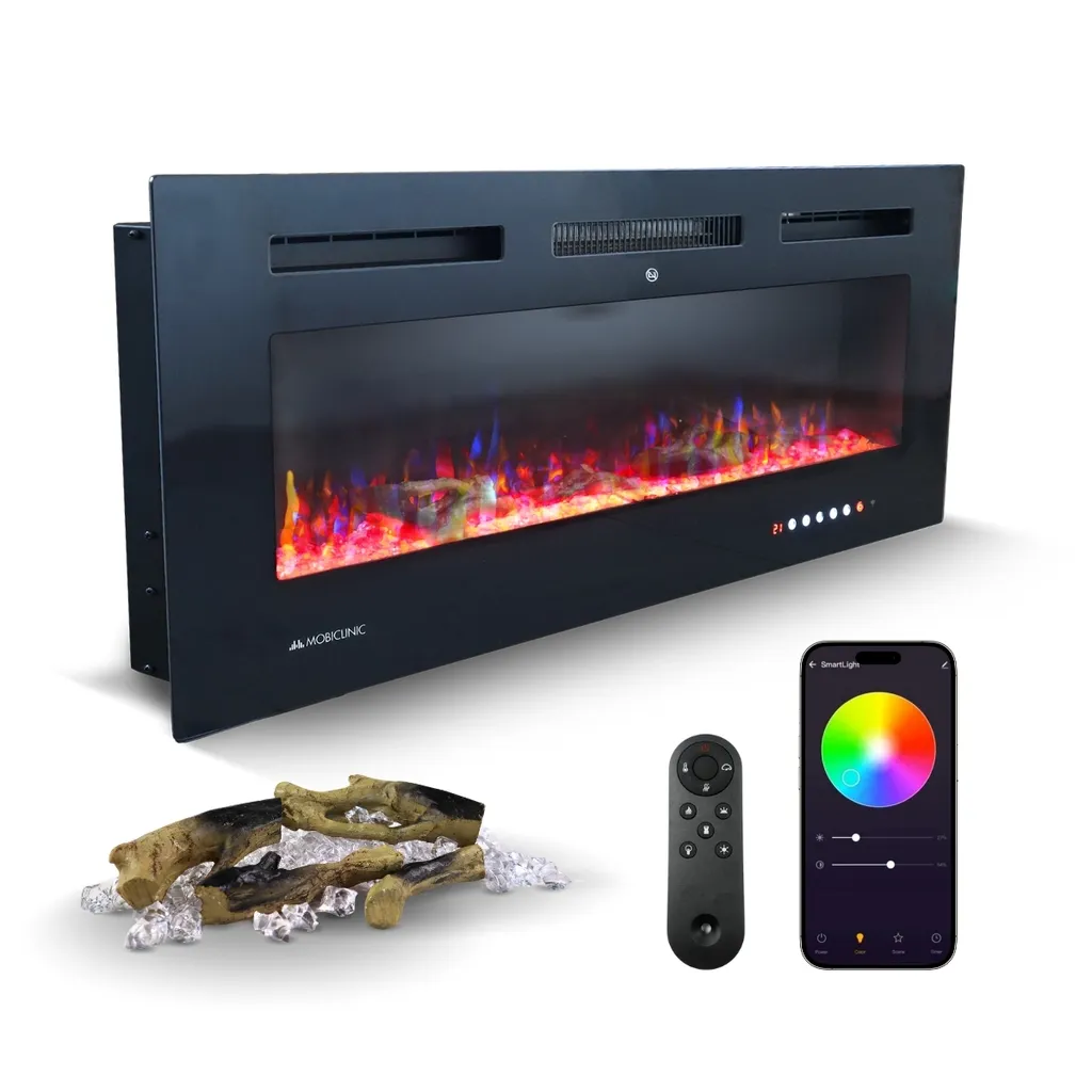 Cheminée électrique murale à LED et chauffage connecté Mobiclinic