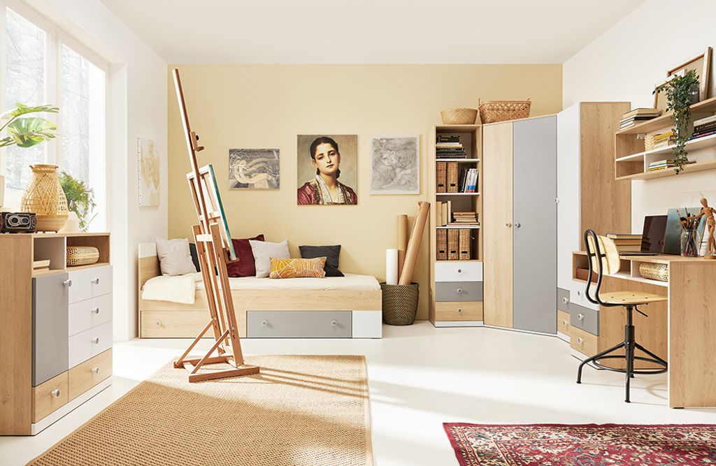 Jugendzimmer Kinderzimmer Set in Eiche mit weiß und grau Produktbild 