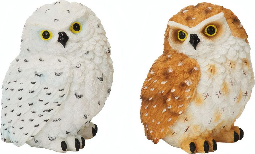 Two decorative owl figurines are shown side-by-side against a white background.