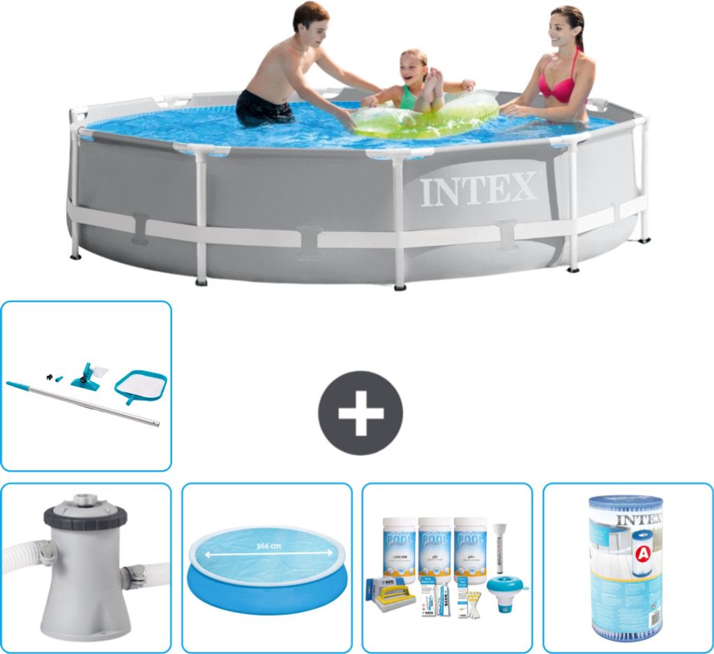 Intex Round Prism Frame Swimming Pool – 305 x 76 cm – Grau – inklusive Pumpe Sonnensegel - Wartungspaket - Filter - Reinigungskit
