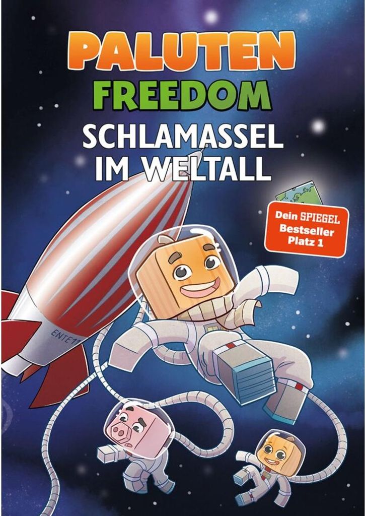 Cartoon characters in astronaut suits floating in space with a rocket.