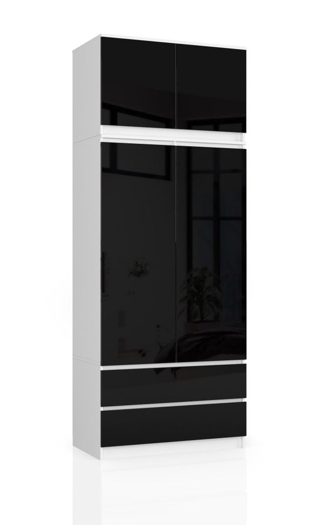 Kleiderschrank – Schrank mit Kleiderstange – Weiß / Schwarz Hochglanz – 90 cm – Erweiterbarer Drehtürenschrank mit Aufsatz und 2 Schubladen