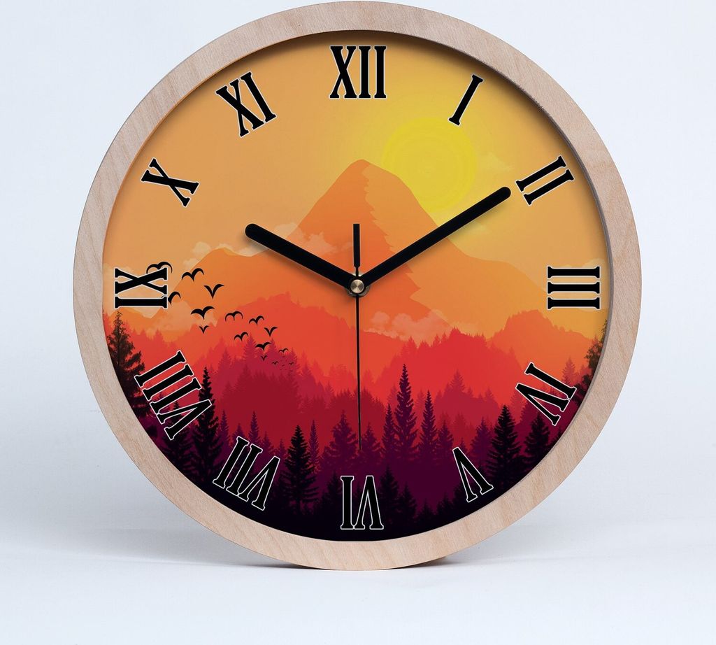Holzuhr 30fi cm wanduhr - schwarze Spitzen - Berglandschaft