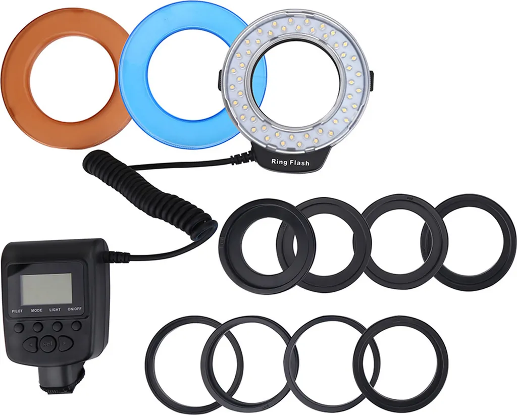 Flash annulaire pour photo macro avec écran LCD et bagues d'adaptation