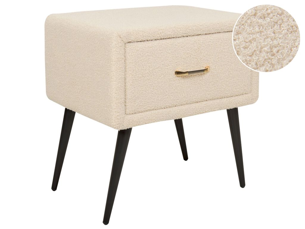 BELIANI Nachttisch Hellbeige Bouclé 38 x 46 x 49 cm mit Metallgestell Schwarz 1 Schublade Rechteckig Aufbewahrung Modern Glamourös Möbel Schlafz...