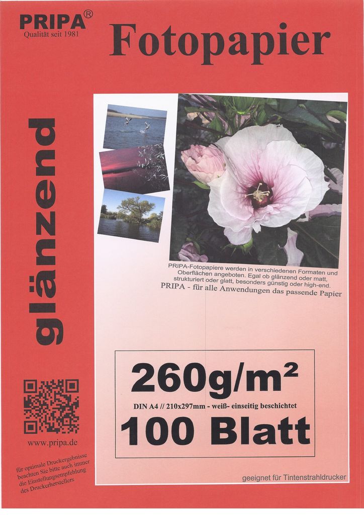 pripa DIN A4 260g/m² 100 Blatt Fotopapier high -glossy glaenzend -sofort trocken -wasserfest-hochweiß-sehr hohe Farbbrillanz