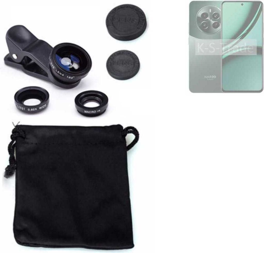 K-S-Trade Smartphone Kamera Linsen Set Kompatibel mit Realme Narzo 70 Pro 5G 3in1 Clip-On Kamera Adapter Macro Weitwinkel FishEye Fischauge Objektiv