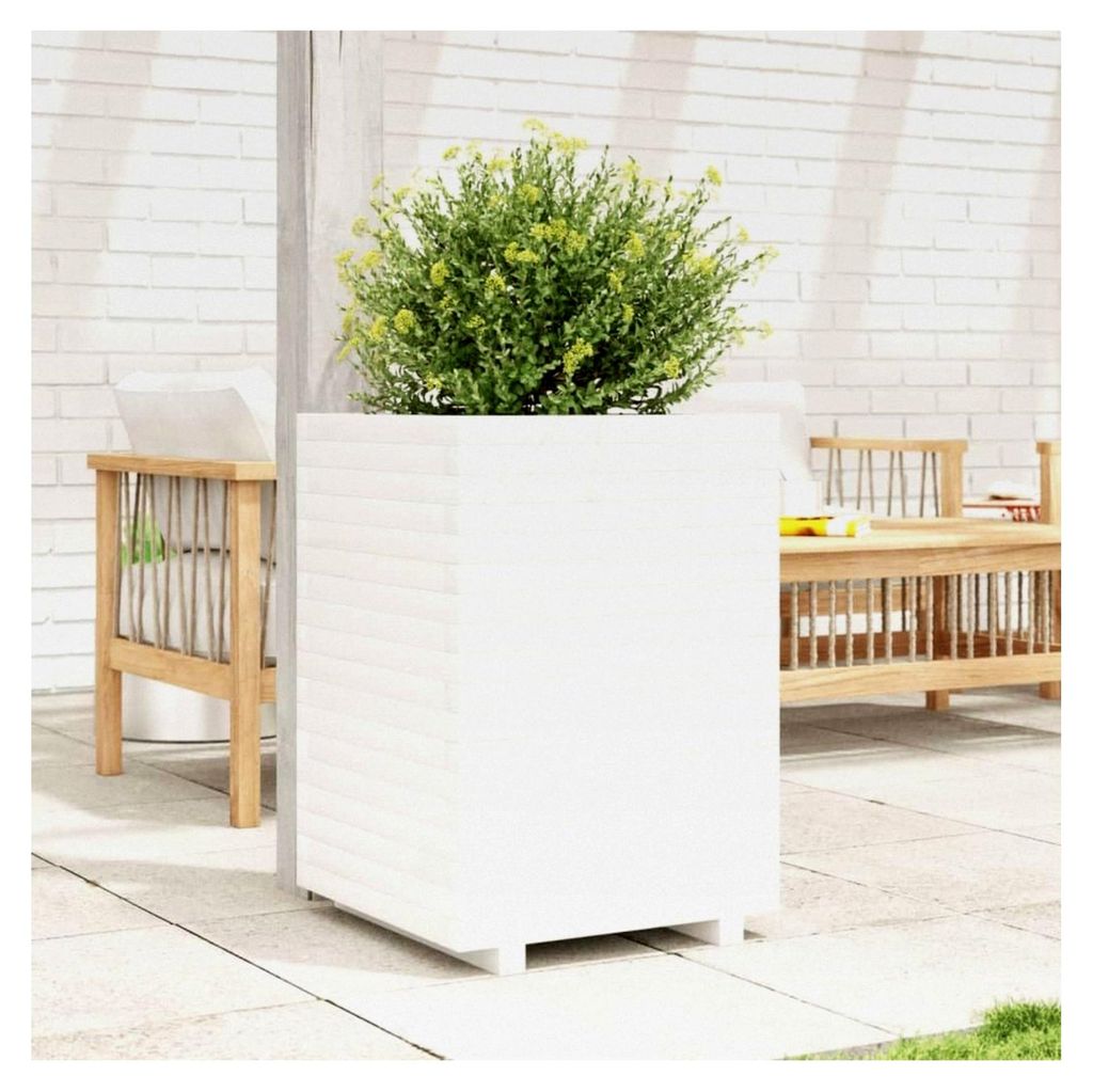 Blumenkasten, weiß, 50 x 50 x 72 cm, Massivholz, Hochbeet, für Garten, Pflanzgefäß, für Blumen, Sukkulenten, Terrasse, Balkon