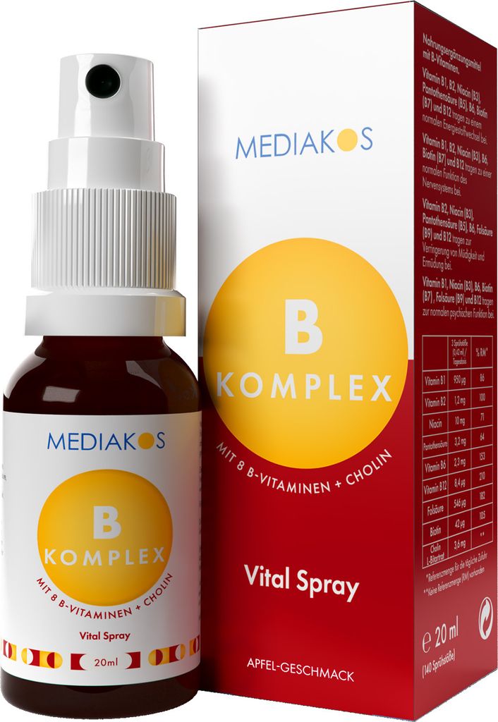 Vitamin B Komplex | Mediakos® Vital Spray | Vegan | mit allen 8 B-Vitaminen und Cholin | Energie | Nerven | Leistung | Psyche | grüner Apfel-Geschmack (20 ml)