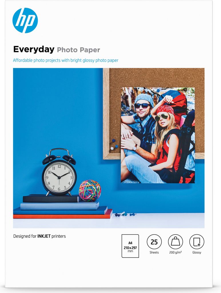 A product shot of HP Everyday Photo Paper with a lifestyle scene in the background.