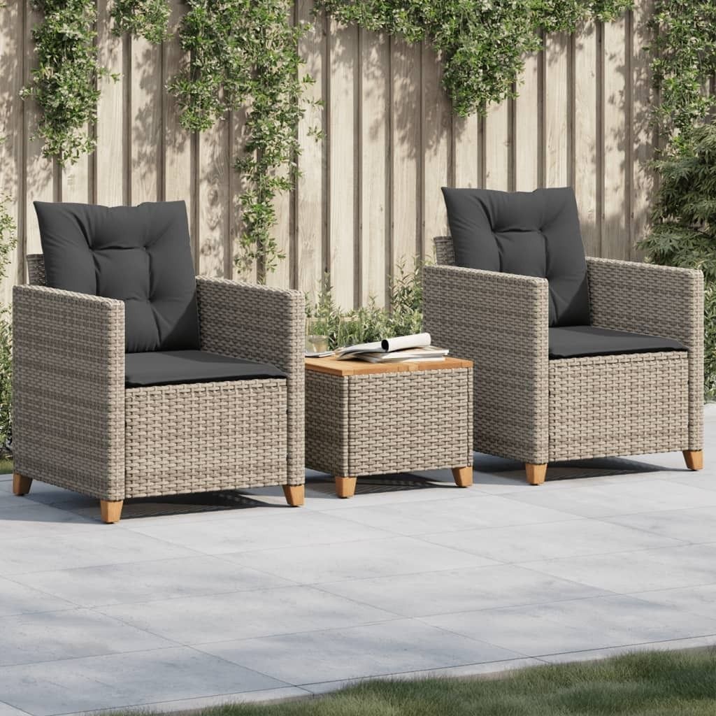 Maison Exclusive - 3-tlg. Bistro-Set mit Kissen Grau Poly Rattan Akazienholz