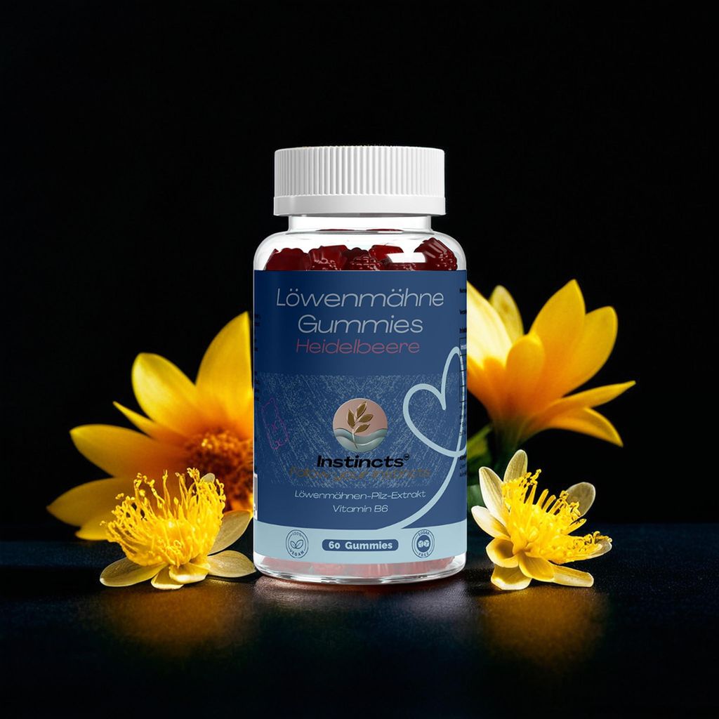 Instincts, Löwenmähne Gummies + Vitamin B6 - Vegan - Zuckerfrei - Heidelbeere - 60 Stk.