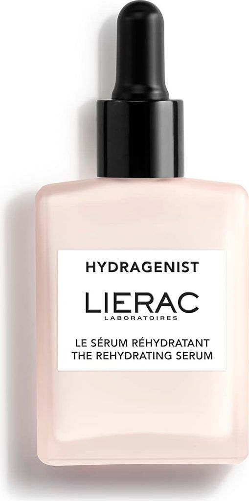 A product shot of a Lierac Hydragenist serum bottle with a dropper.