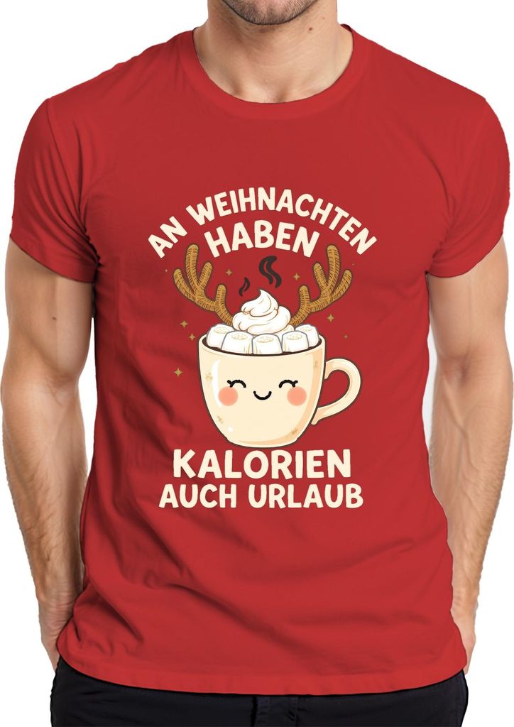 An Weihnachten haben Kalorien auch Urlaub Rentier Kakao lustig Herren T-Shirt, Rot, 3XL
