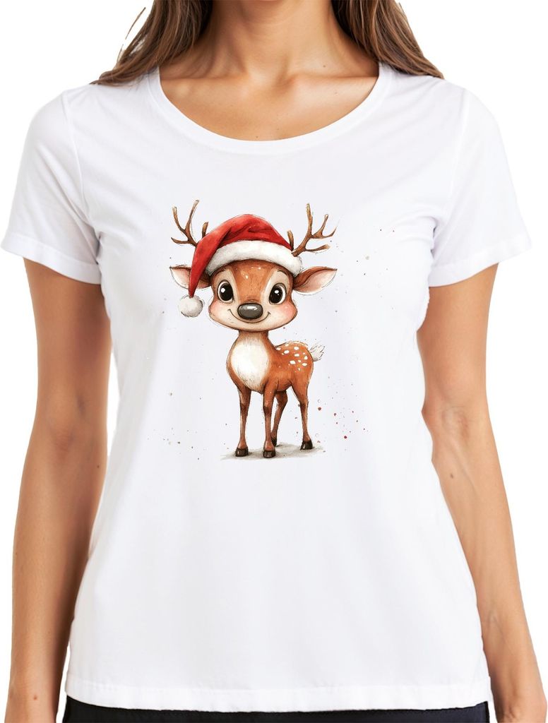 Niedliches Weihnachtsrentier Santa Kinder Geschenk Cartoon Retro Damen T-Shirt, Weiß, 3XL