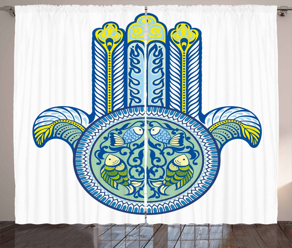 ABAKUHAUS Hamsa Rustikaler Gardine, Asiatischer Mystizismus Koi Fisch, Schlafzimmer Kräuselband Vorhang mit Schlaufen und Haken, 280 x 225 cm, Gel...