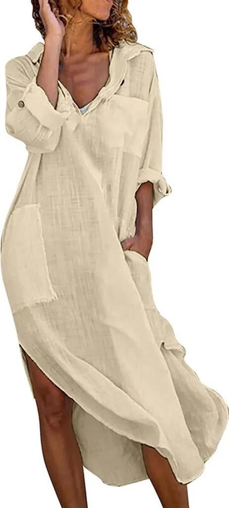 ASKSA Damen Elegant Kleider Einfarbig Lang Hemdkleid Midi Tunika Sommerkleider mit Taschen, Khaki, 2XL