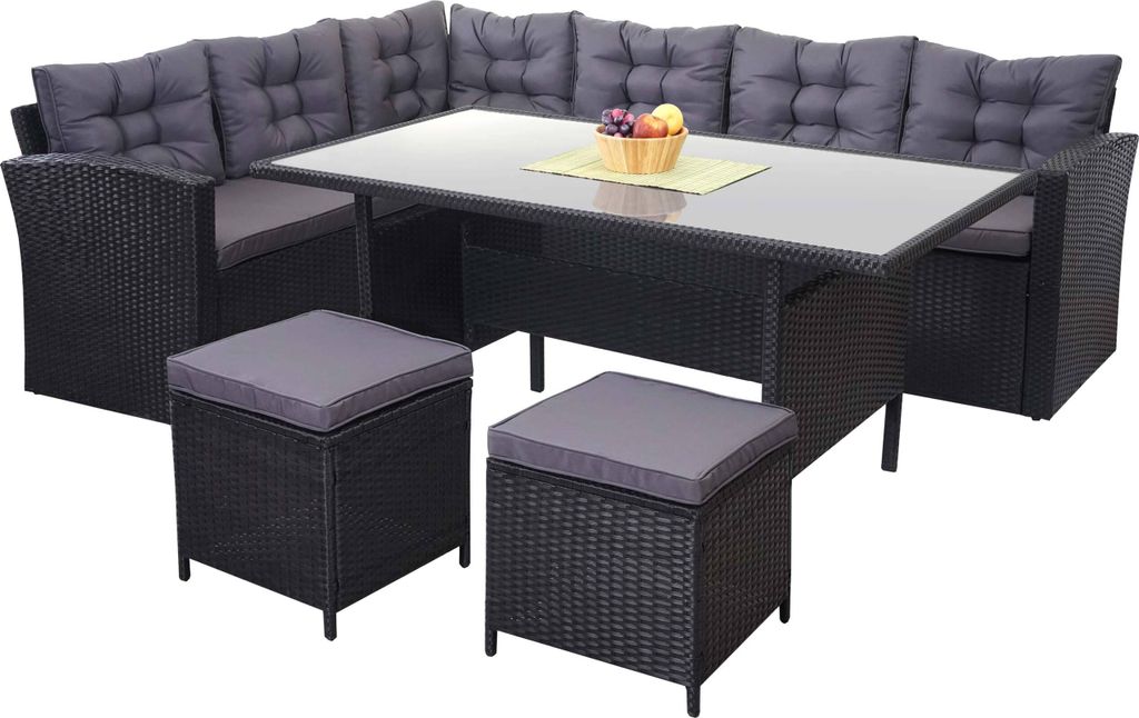 Poly-Rattan-Garnitur HWC-A29, Gartengarnitur Sitzgruppe Lounge-Esstisch-Set, schwarz Kissen dunkelgrau, mit 2x Hocker