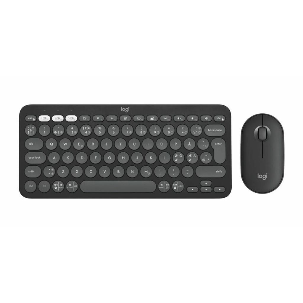 A black wireless keyboard and mouse set on a white background.