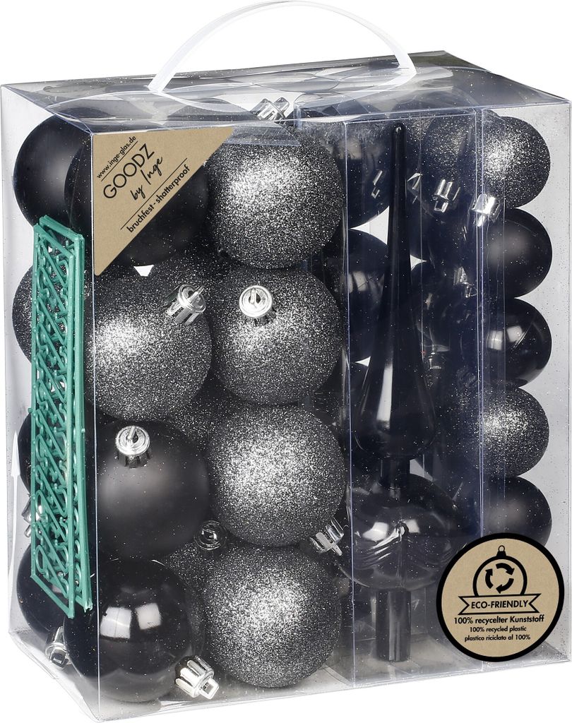 Weihnachtskugeln Kunststoff 4-6cm mit Baumspitze 39er Set Schwarz Mix
