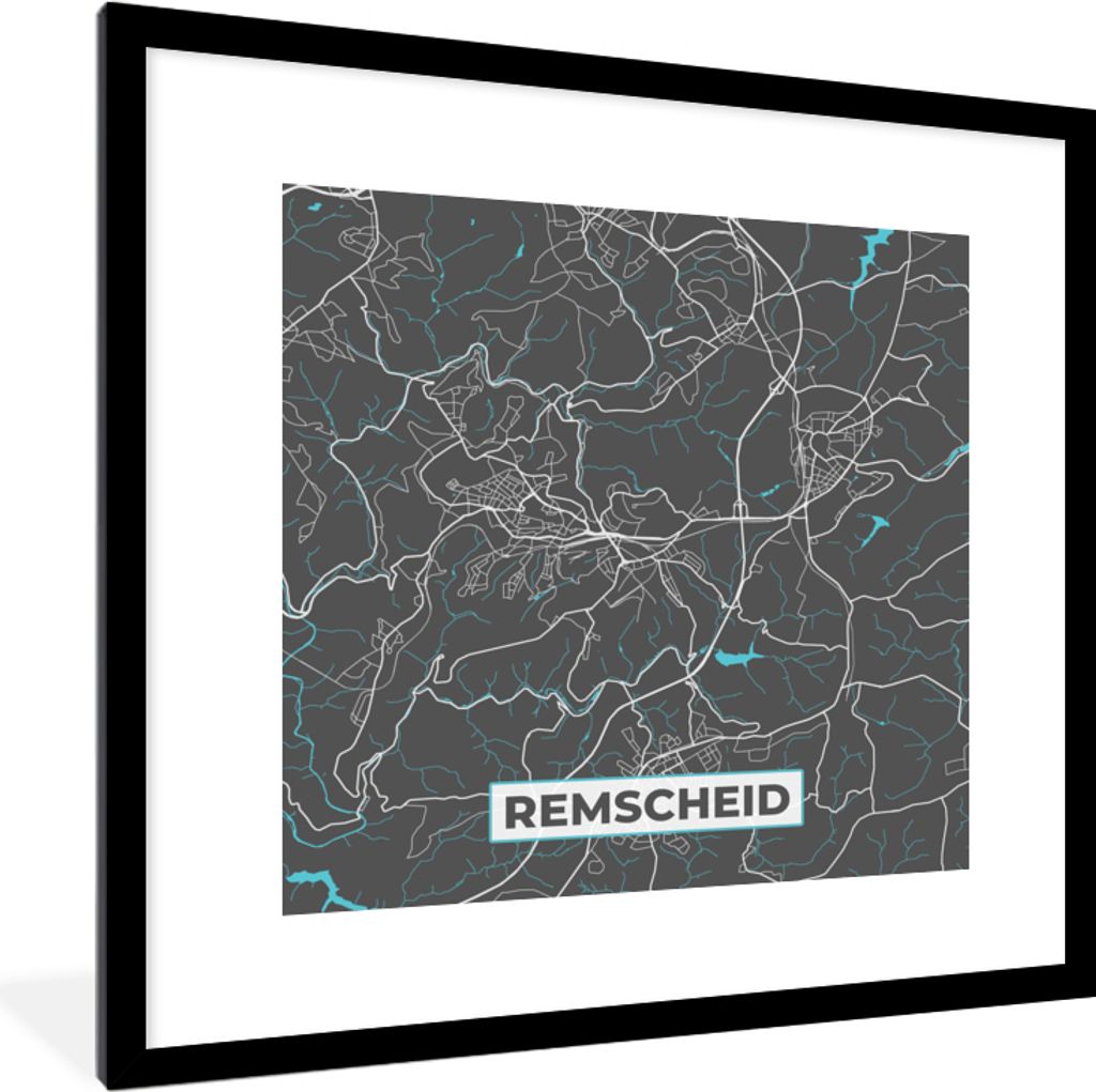 MuchoWow Gerahmtes Poster Blau - Deutschland - Karte - Stadtplan - Remscheid 40x40 cm - Poster mit Schwarzem Bilderrahmen Wandposter Rahmen Foto ...