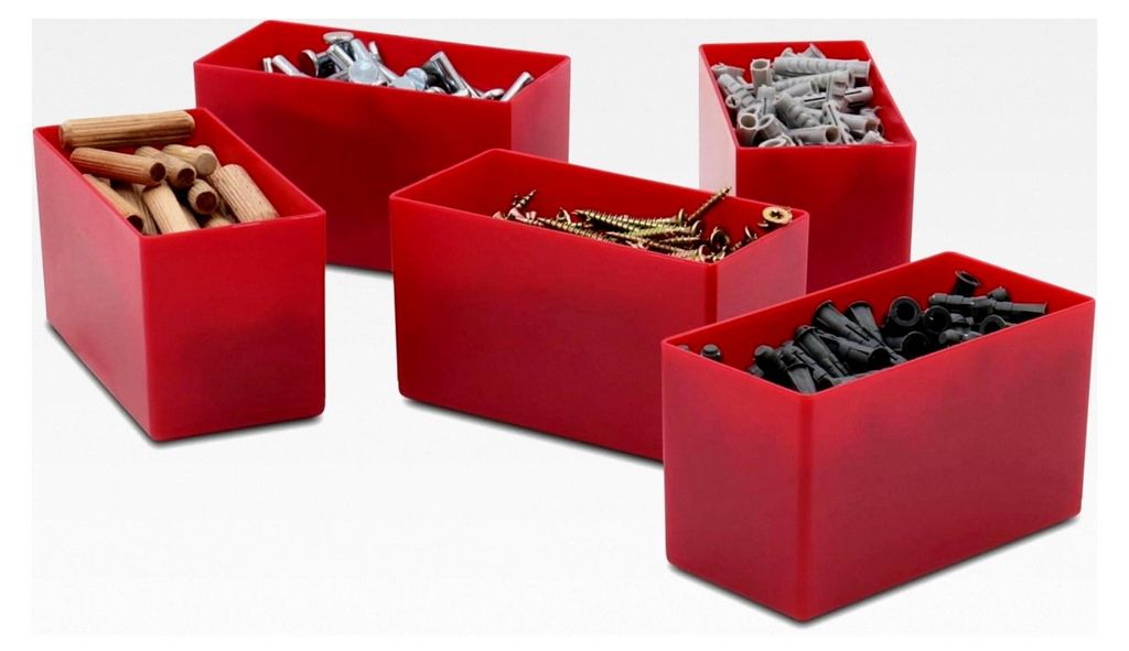 25 Stück Einsatzkästen Serie E63, farblich sortiert, 5 Farben und 4 Größen, aus Polystyrol, für Schubladen, Sortimentskästen etc. (rot, 63/2 ...