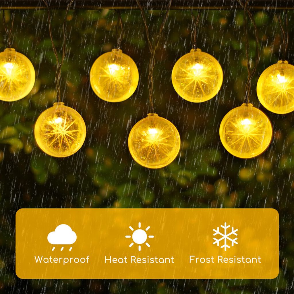 LED Deko-Party-Lichterkette Zitrone 10 Lampen 3,8m mit Solar-Panel und Akku (max, 8h Leuchtdauer) 2700K-3000K