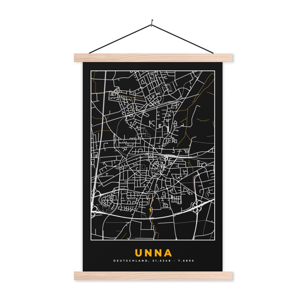 MuchoWow Textilposter Deutschland - Schwarz und Gold - Unna - Stadtplan - Karte 40x60 cm mit holzfarbenen Rahmen - Poster