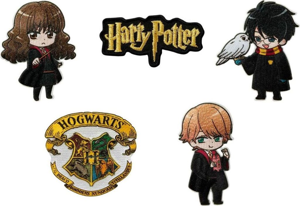 Harry Potter Set 5 Stück Logo, Ron, Hermine, Hogwarts - Aufnäher, Bügelbild, Aufbügler, Applikationen, Patches, Flicken
