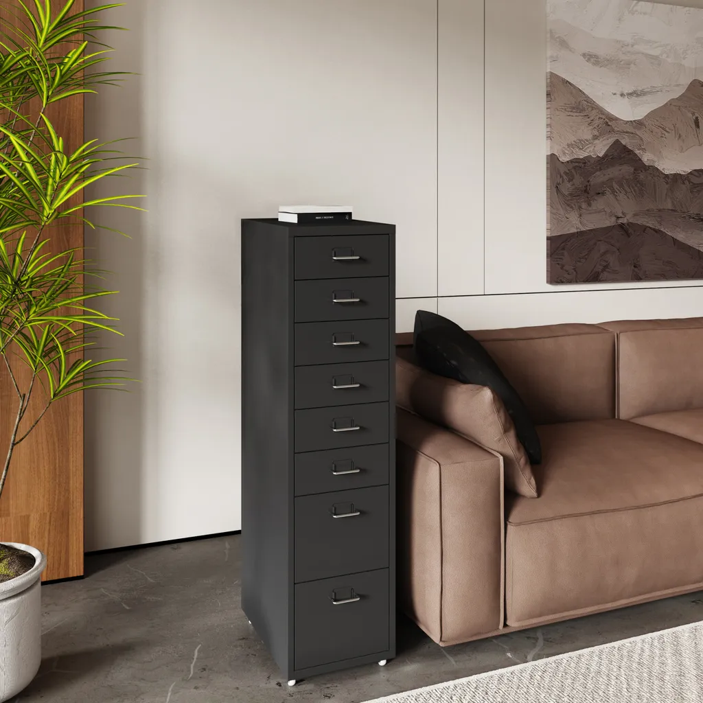 Roll container 'Kökar' con 8 cassetti in acciaio 109 x 28 x 41 cm nero